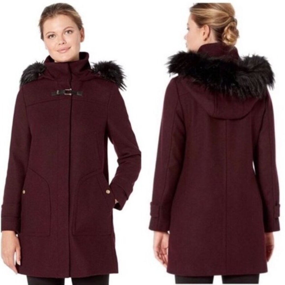 Cole Haan Size 10 Womens Wool Blend Twill Long Duffel Coat in Burgundy Bordeaux